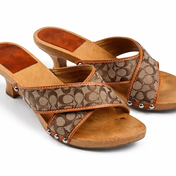 Coach Shoes - Coach Sharon Tan Brown Wooden Kitten Heel Clogs Vintage Y2K Women’s Size 6